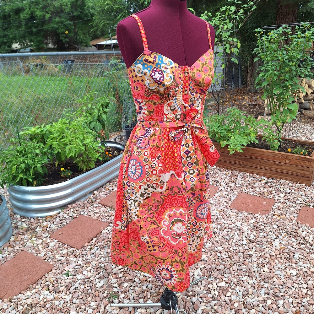 J.Crew pink cotton classic button front poplin paisley tie waist sun dress 0